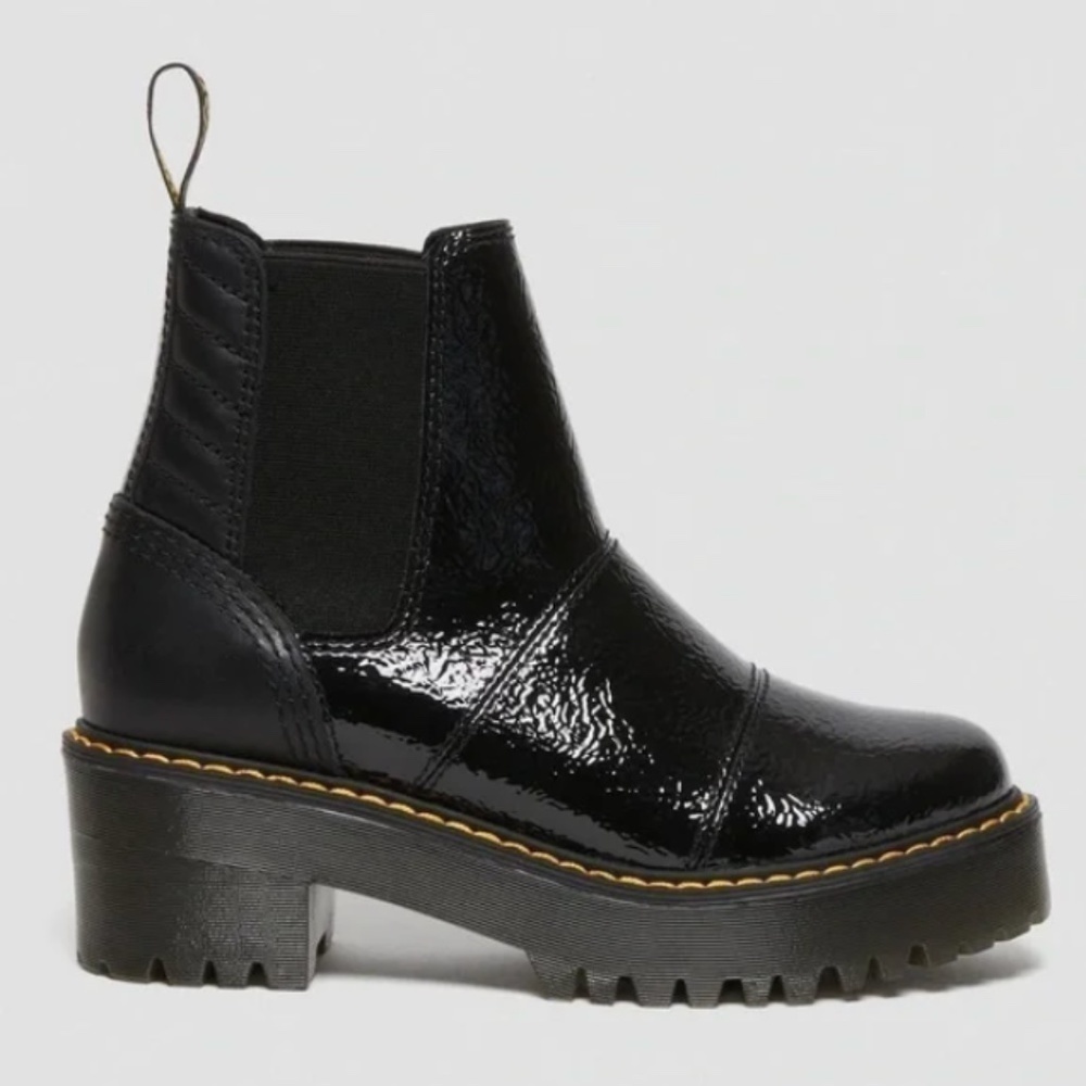 NEW Dr. Martens Rozalie Distressed Patent Heeled Chelsea Boots in Black size 7